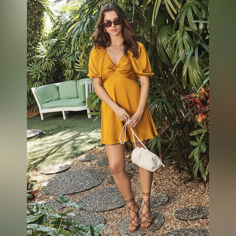 EXPRESS Satin V-Neck Puff Sleeve Twist Front Mini Fit and Flare Dress Golden - Picture 8 of 16